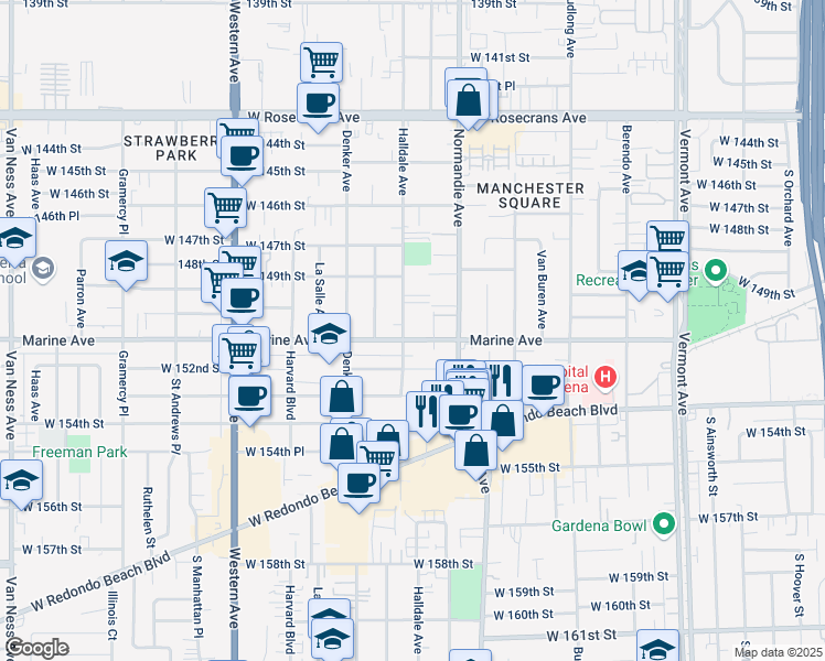 map of restaurants, bars, coffee shops, grocery stores, and more near 14928 Halldale Avenue in Gardena