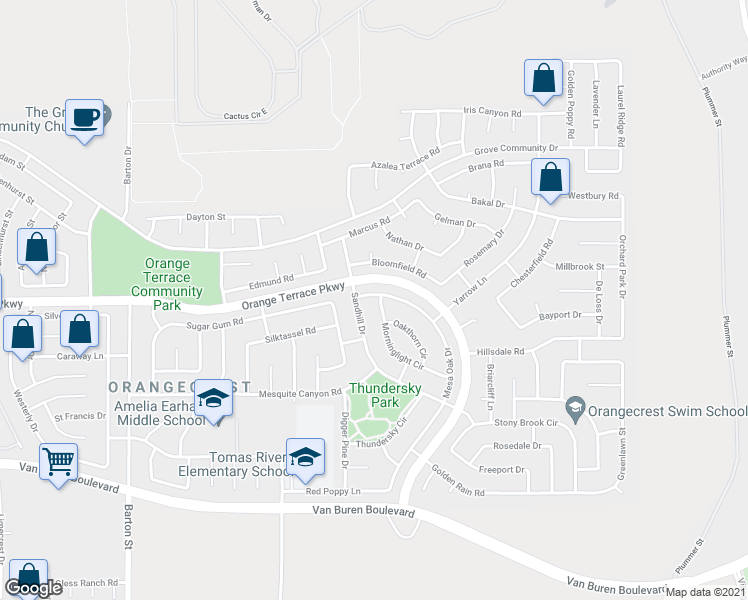 map of restaurants, bars, coffee shops, grocery stores, and more near 8607 Morninglight Circle in Riverside