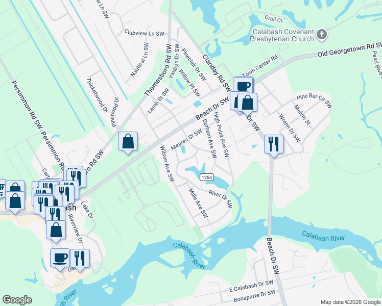 map of restaurants, bars, coffee shops, grocery stores, and more near 1064 Ward Avenue in Calabash