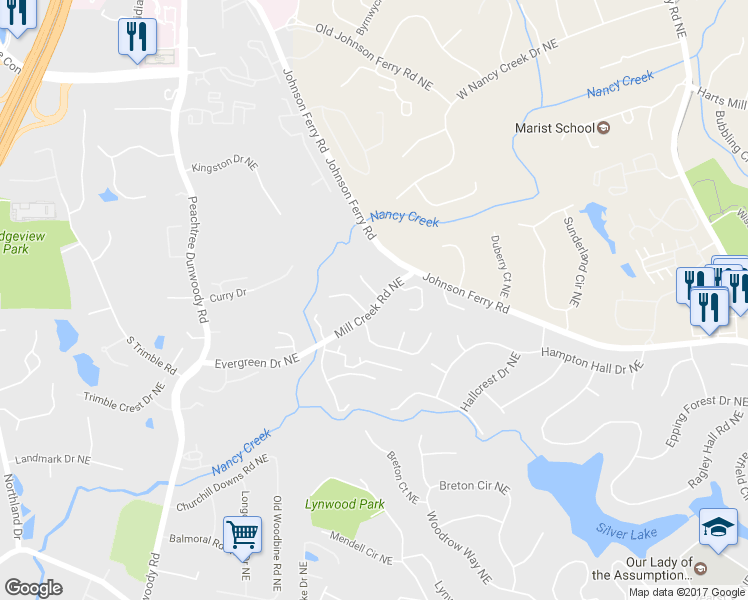 map of restaurants, bars, coffee shops, grocery stores, and more near 1065 Fielding Park Court Northeast in Atlanta