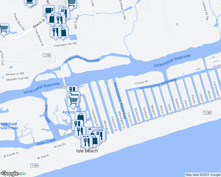 map of restaurants, bars, coffee shops, grocery stores, and more near 79 Wilmington Street in Ocean Isle Beach