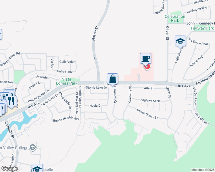 map of restaurants, bars, coffee shops, grocery stores, and more near 27020 Storrie Lake Drive in Moreno Valley