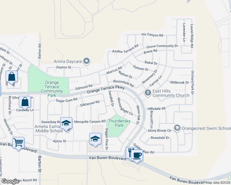 map of restaurants, bars, coffee shops, grocery stores, and more near 20600 Mesa Oak Drive in Riverside