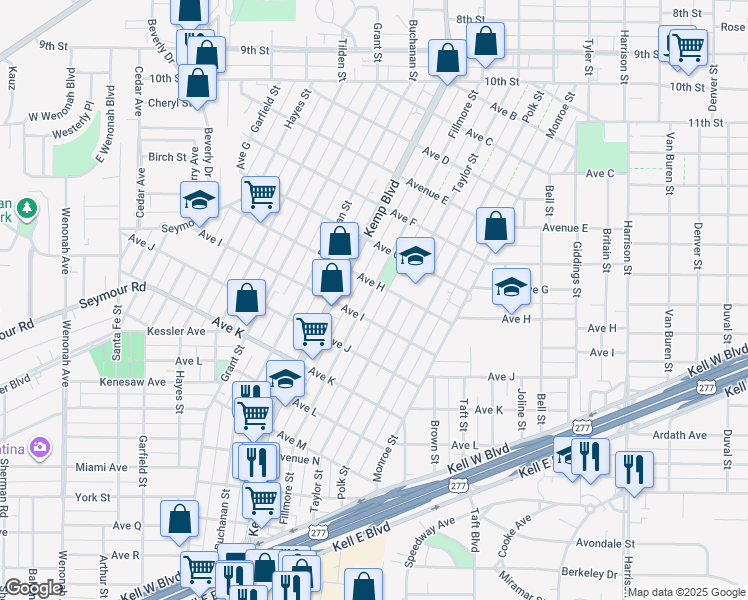map of restaurants, bars, coffee shops, grocery stores, and more near 1802 Fillmore Street in Wichita Falls