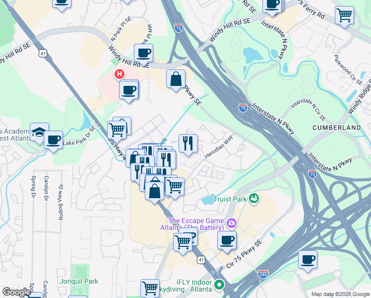 map of restaurants, bars, coffee shops, grocery stores, and more near 709 Lismore Southeast in Smyrna