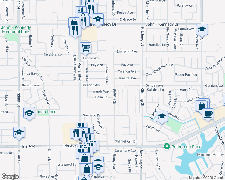 map of restaurants, bars, coffee shops, grocery stores, and more near 25296 Wendy Way in Moreno Valley