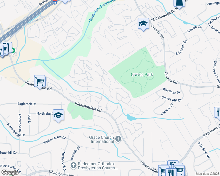 map of restaurants, bars, coffee shops, grocery stores, and more near 3475 Pleasant Brook Village Lane in Atlanta