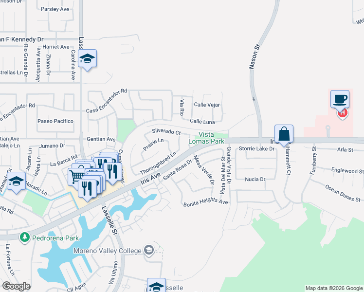 map of restaurants, bars, coffee shops, grocery stores, and more near 15555 Firerock Lane in Moreno Valley