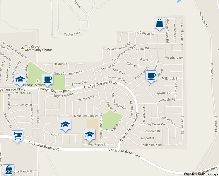 map of restaurants, bars, coffee shops, grocery stores, and more near 20600 Mesa Oak Drive in Riverside