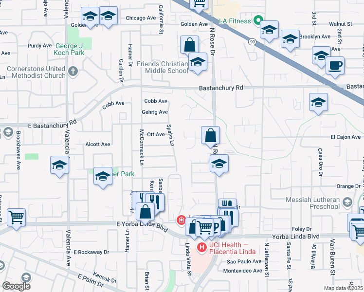 map of restaurants, bars, coffee shops, grocery stores, and more near 4571 Mimosa Drive in Yorba Linda