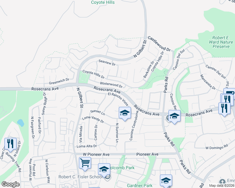 map of restaurants, bars, coffee shops, grocery stores, and more near 2036 Winterwood Drive in Fullerton
