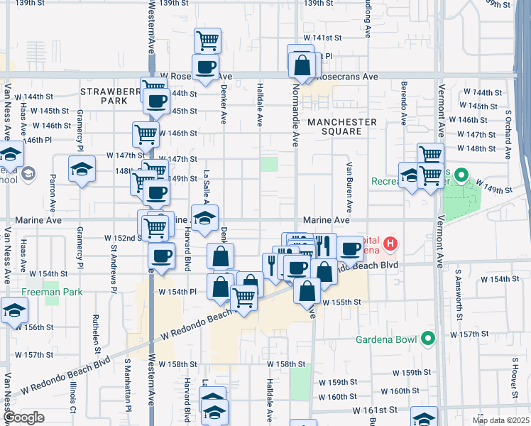 map of restaurants, bars, coffee shops, grocery stores, and more near 14928 Halldale Avenue in Gardena