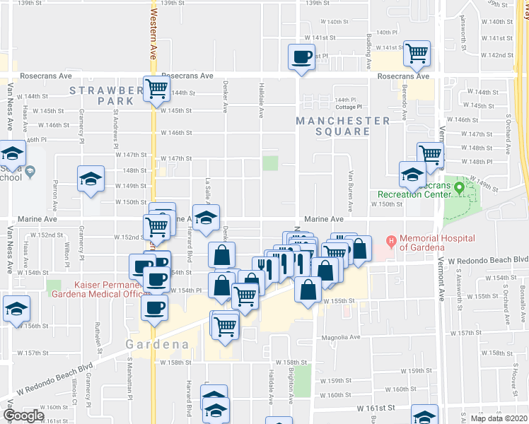 map of restaurants, bars, coffee shops, grocery stores, and more near 14928 Halldale Avenue in Gardena