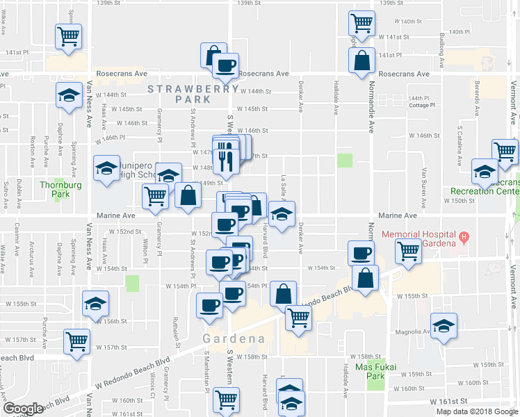 map of restaurants, bars, coffee shops, grocery stores, and more near 1734 West 150th Street in Gardena
