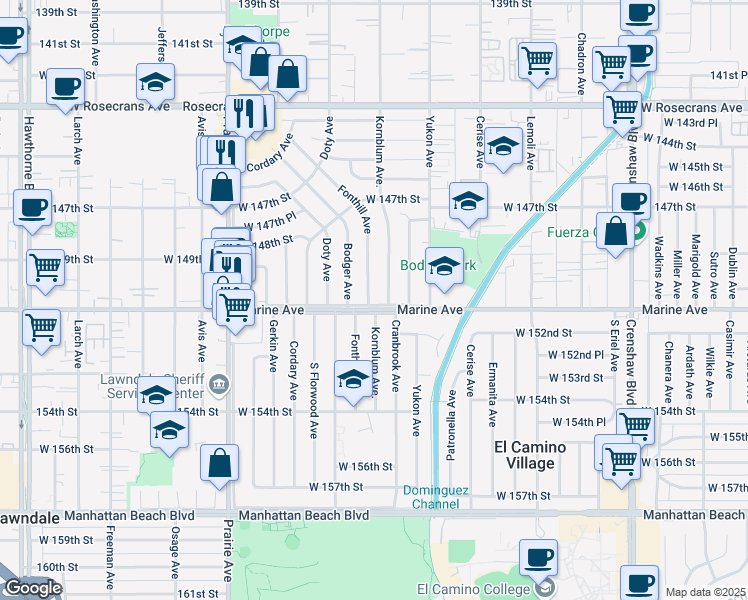 map of restaurants, bars, coffee shops, grocery stores, and more near 15001 Fonthill Avenue in Hawthorne