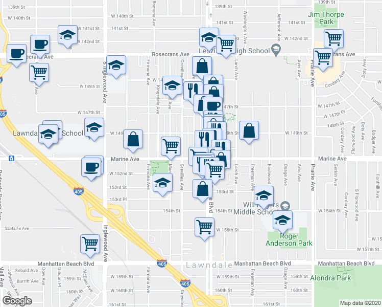 map of restaurants, bars, coffee shops, grocery stores, and more near 15000 Grevillea Avenue in Lawndale