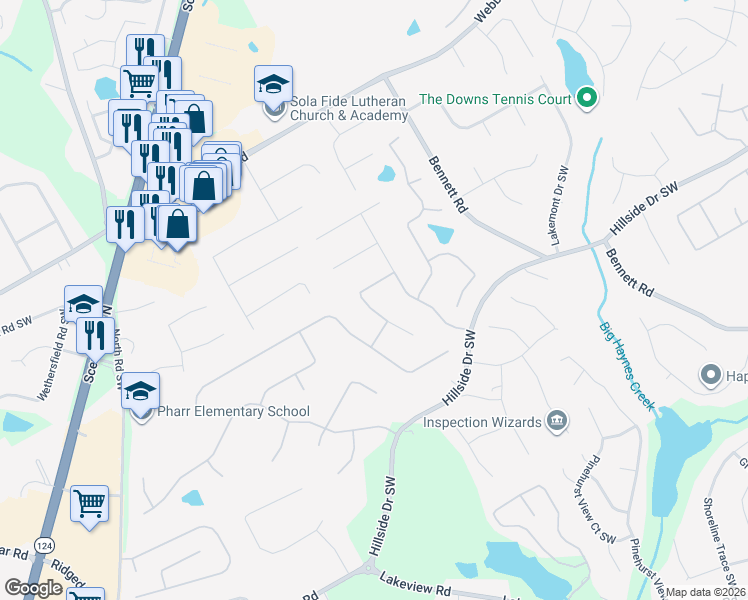 map of restaurants, bars, coffee shops, grocery stores, and more near 1528 Greensboro Way in Grayson