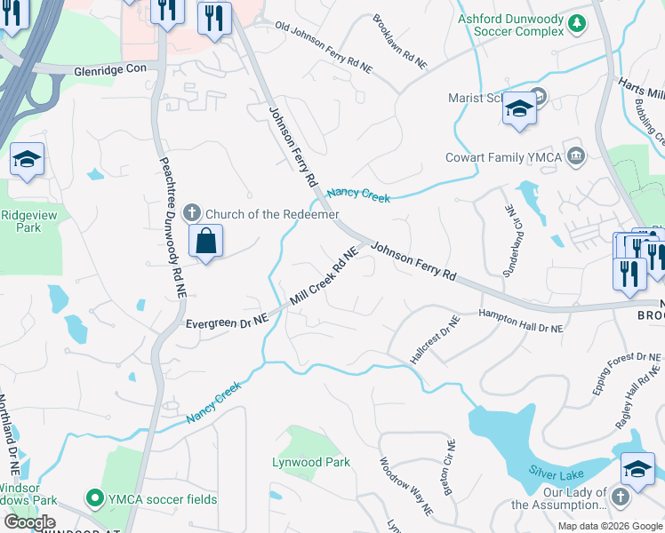 map of restaurants, bars, coffee shops, grocery stores, and more near 1065 Fielding Park Court Northeast in Atlanta