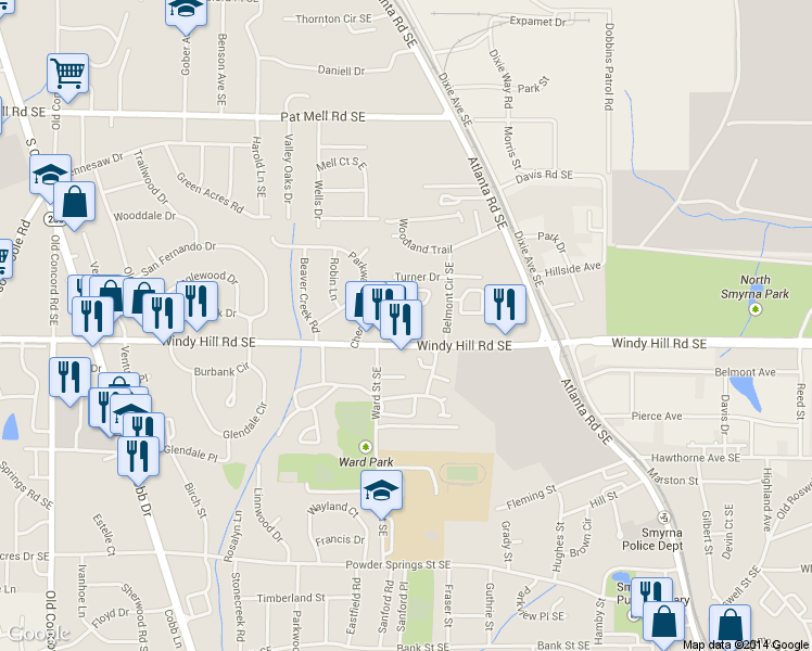 map of restaurants, bars, coffee shops, grocery stores, and more near 930 Cherokee Trail Southeast in Smyrna