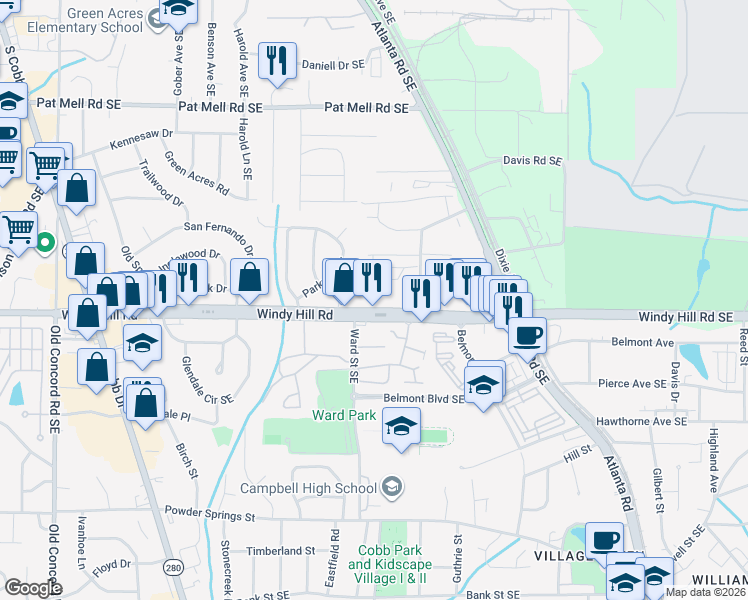map of restaurants, bars, coffee shops, grocery stores, and more near 925 Cherokee Trail Southeast in Smyrna