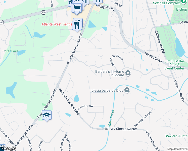 map of restaurants, bars, coffee shops, grocery stores, and more near 2362 Loren Falls Lane Southwest in Marietta