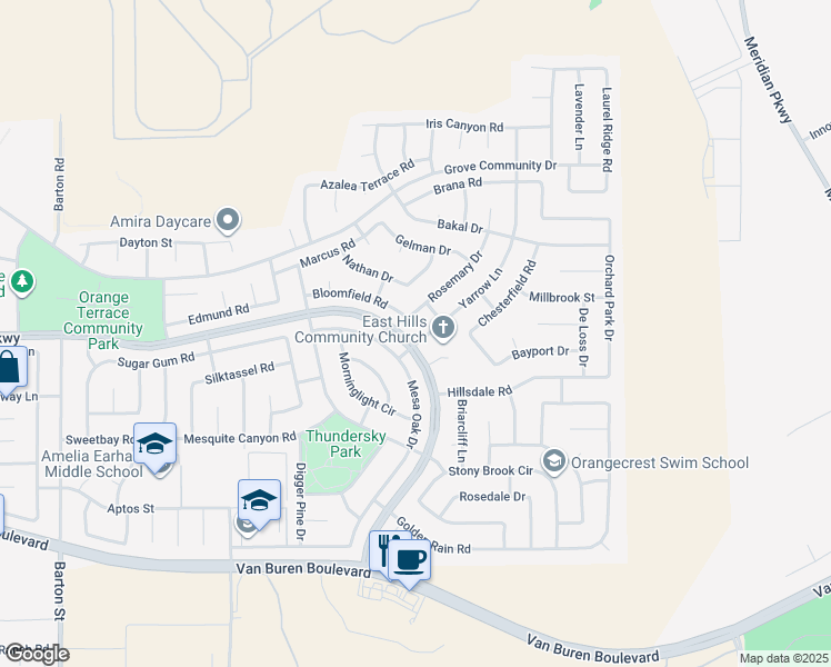 map of restaurants, bars, coffee shops, grocery stores, and more near 8587 Yarrow Lane in Riverside