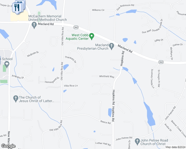 map of restaurants, bars, coffee shops, grocery stores, and more near 3626 Whitfield Way in Powder Springs