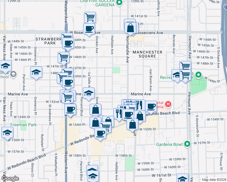 map of restaurants, bars, coffee shops, grocery stores, and more near 2 Halldale Avenue in Gardena