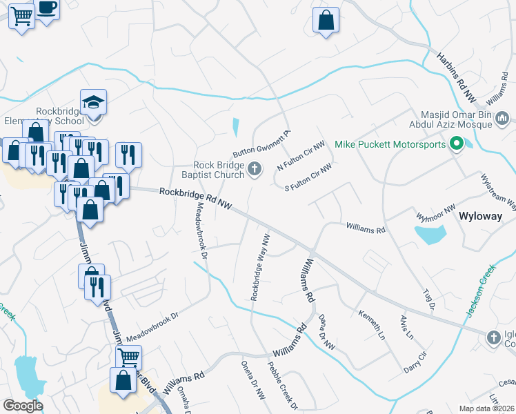 map of restaurants, bars, coffee shops, grocery stores, and more near 1032 Rockbridge Road Northwest in Norcross