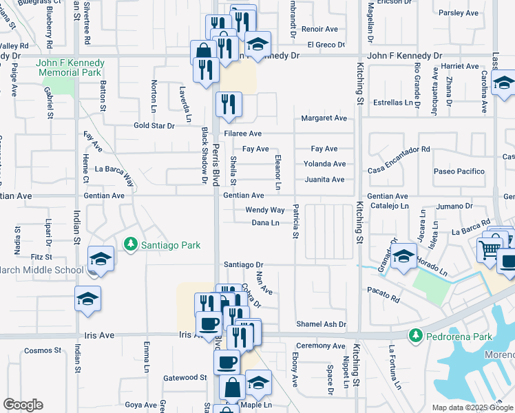 map of restaurants, bars, coffee shops, grocery stores, and more near 25176 Wendy Way in Moreno Valley