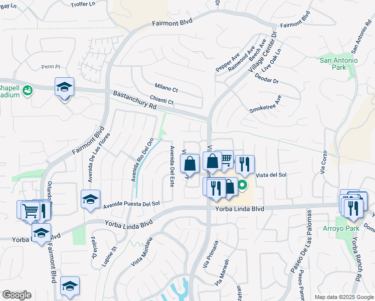 map of restaurants, bars, coffee shops, grocery stores, and more near 20407 Vía Madrid in Yorba Linda