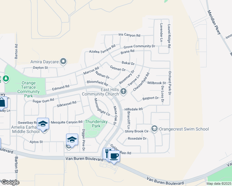 map of restaurants, bars, coffee shops, grocery stores, and more near 8587 Yarrow Lane in Riverside
