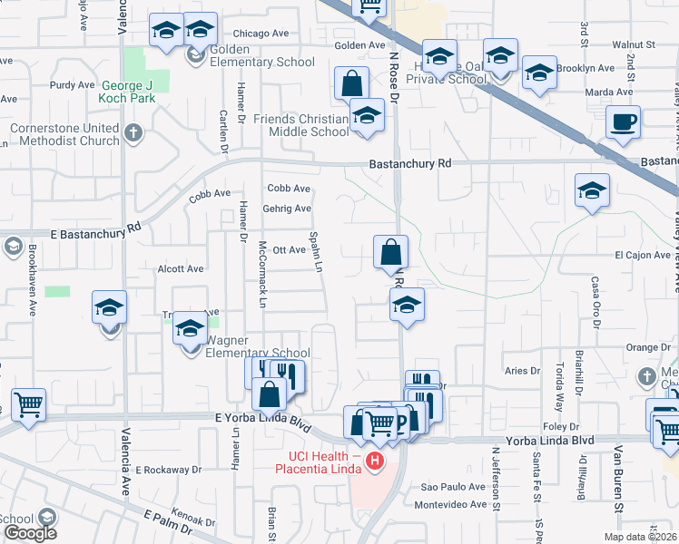 map of restaurants, bars, coffee shops, grocery stores, and more near 4571 Mimosa Drive in Yorba Linda