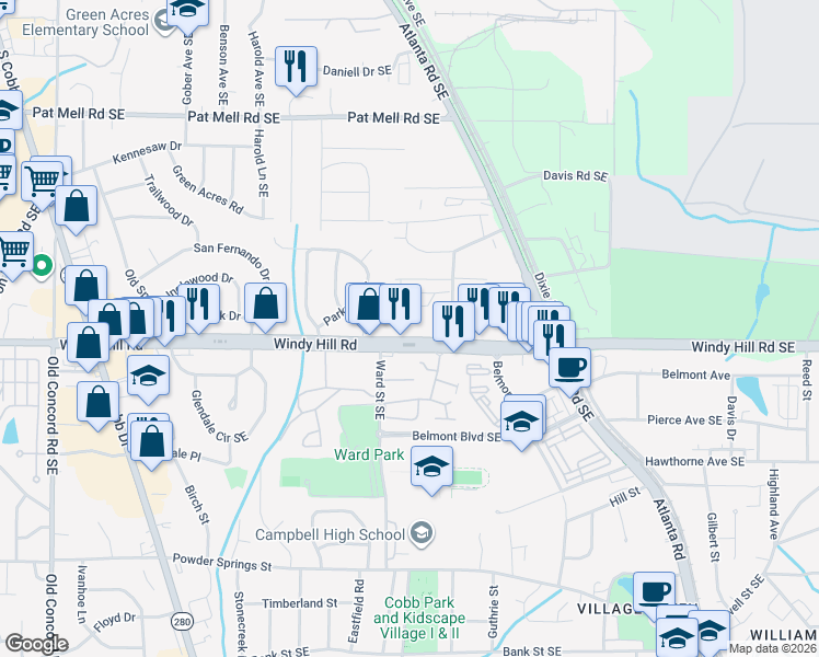 map of restaurants, bars, coffee shops, grocery stores, and more near 930 Cherokee Trail Southeast in Smyrna