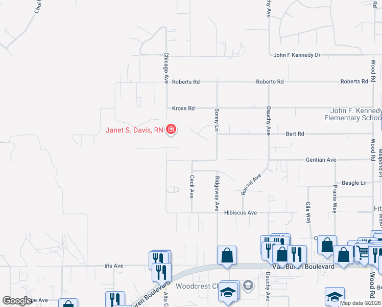 map of restaurants, bars, coffee shops, grocery stores, and more near 18120 Gentian Avenue in Riverside