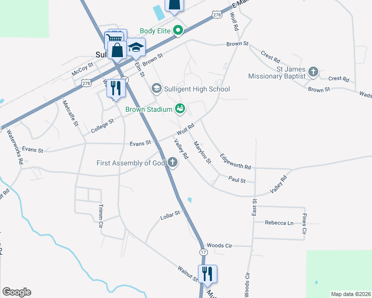 map of restaurants, bars, coffee shops, grocery stores, and more near 185-199 Mary Lou Street in Sulligent