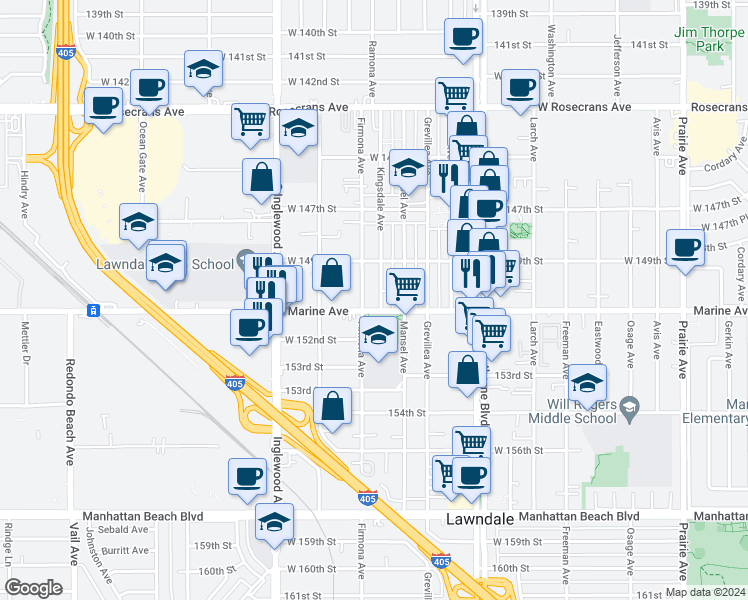 map of restaurants, bars, coffee shops, grocery stores, and more near 15017 Kingsdale Avenue in Lawndale