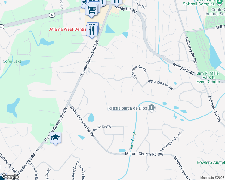 map of restaurants, bars, coffee shops, grocery stores, and more near 2362 Loren Falls Lane Southwest in Marietta