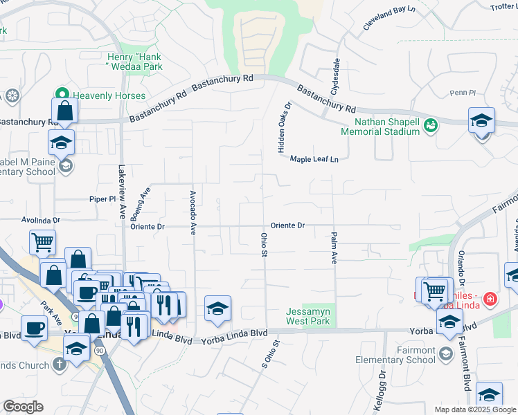 map of restaurants, bars, coffee shops, grocery stores, and more near 18992 Villa Terrace in Yorba Linda