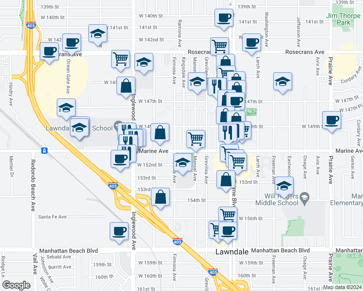 map of restaurants, bars, coffee shops, grocery stores, and more near 15017 Kingsdale Avenue in Lawndale