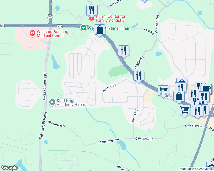 map of restaurants, bars, coffee shops, grocery stores, and more near 268 Hardy Way in Hiram