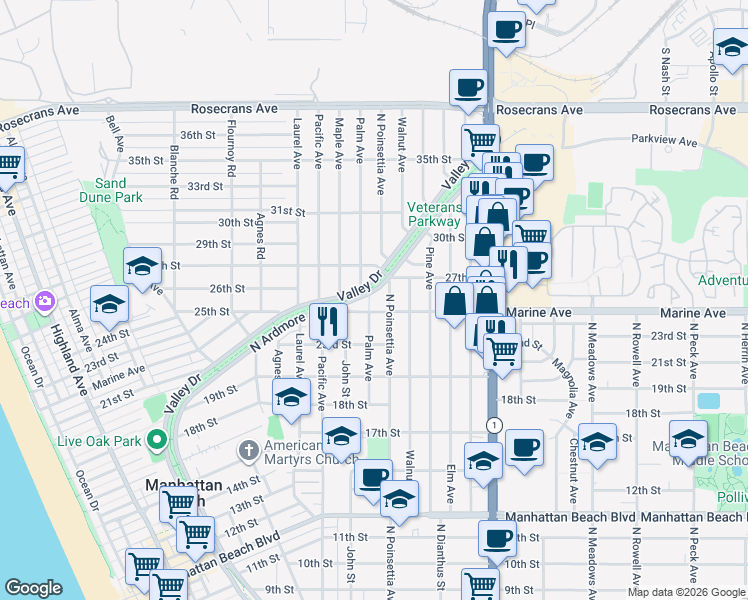 map of restaurants, bars, coffee shops, grocery stores, and more near 2512 Palm Avenue in Manhattan Beach
