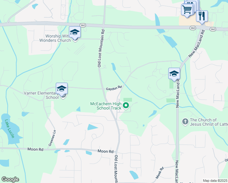 map of restaurants, bars, coffee shops, grocery stores, and more near 4545 Gaydon Road in Powder Springs