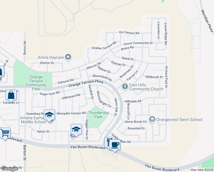 map of restaurants, bars, coffee shops, grocery stores, and more near 20646 Mesa Oak Drive in Riverside