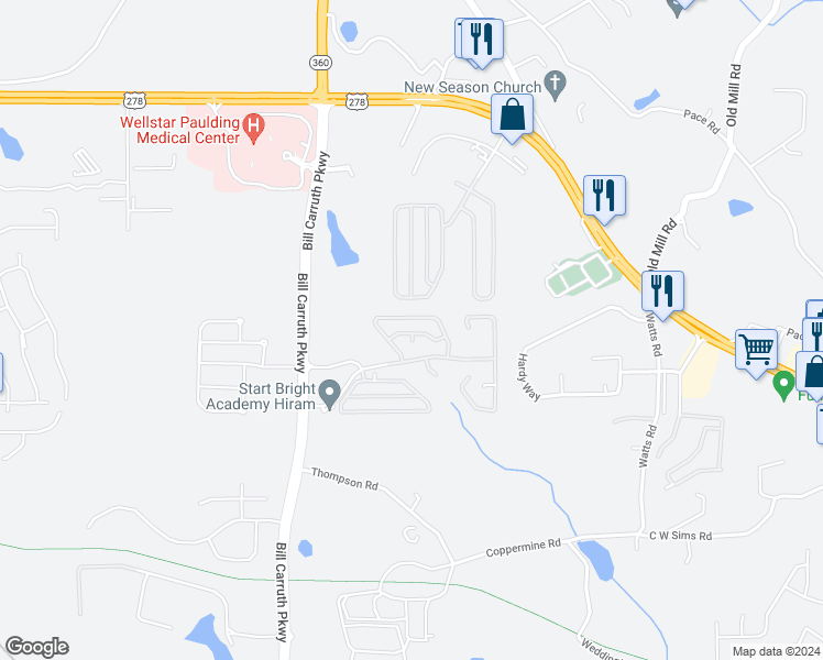 map of restaurants, bars, coffee shops, grocery stores, and more near 59 Greystone Way in Hiram