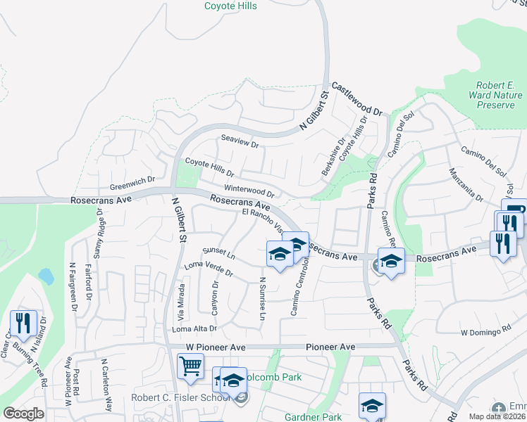 map of restaurants, bars, coffee shops, grocery stores, and more near 2036 Winterwood Drive in Fullerton