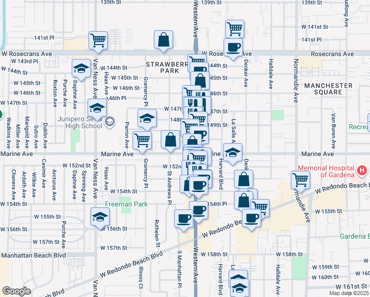 map of restaurants, bars, coffee shops, grocery stores, and more near 15001 South Western Avenue in Gardena