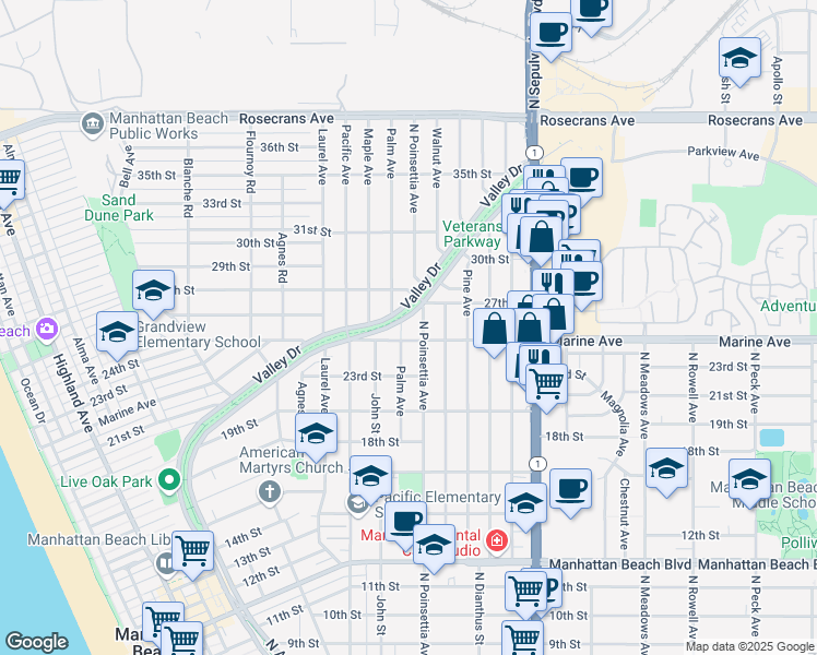 map of restaurants, bars, coffee shops, grocery stores, and more near 2512 Palm Avenue in Manhattan Beach