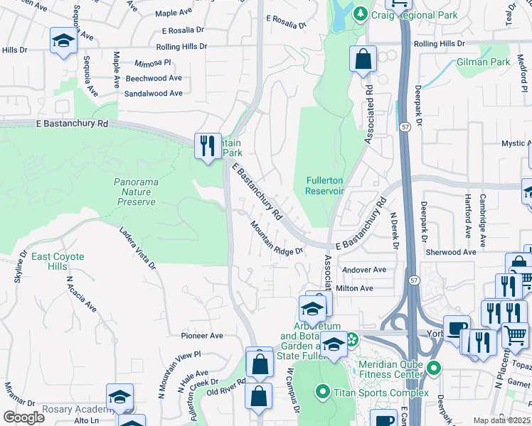 map of restaurants, bars, coffee shops, grocery stores, and more near 2222 Hilltop Court in Fullerton
