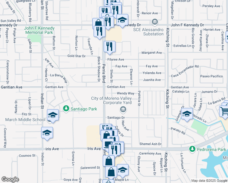 map of restaurants, bars, coffee shops, grocery stores, and more near 25076 Wendy Way in Moreno Valley